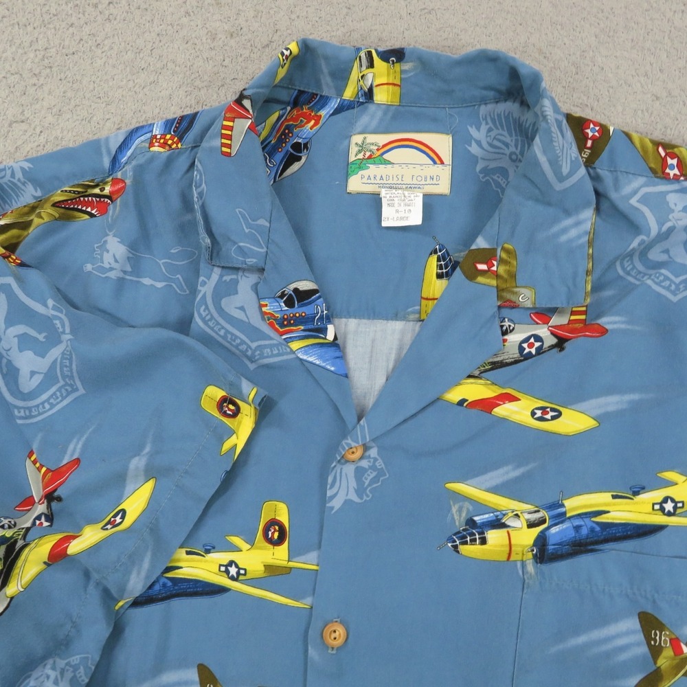 Paradise Found Mens XXL Hawaiian Shirt Military Plane Aviation USAF Warhawk Blue